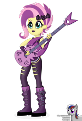 Size: 2013x2979 | Tagged: safe, artist:intelmax89, fluttershy, bat, equestria girls, equestria girls specials, g4, my little pony equestria girls: better together, my little pony equestria girls: rollercoaster of friendship, alternate hairstyle, boots, clothes, ear piercing, earring, eyeshadow, flutterpunk, guitar, hairpin, high res, jeans, jewelry, lipstick, makeup, musical instrument, pants, piercing, ripped jeans, ripped pants, shoes, simple background, sleeveless, solo, torn clothes, transparent background