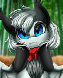 Size: 1424x1764 | Tagged: safe, artist:pridark, oc, oc only, oc:bamboo mistshadow, bat pony, pony, bat pony oc, bat wings, bust, commission, looking at you, portrait, smiling, solo, wings