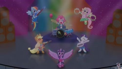 Size: 3840x2160 | Tagged: safe, artist:intelmax89, applejack, fluttershy, pinkie pie, rainbow dash, rarity, twilight sparkle, alicorn, earth pony, pegasus, pony, unicorn, equestria girls, g4, my little pony equestria girls: rainbow rocks, bass guitar, boots, clothes, dress, drum kit, drums, guitar, high res, keytar, makeup, mane six, musical instrument, party cannon, ponified, scene interpretation, shoes, singing, skirt, stage, tambourine, the rainbooms, tongue out, welcome to the show