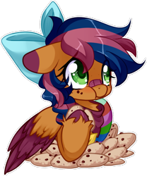 Size: 1025x1231 | Tagged: safe, artist:loyaldis, oc, oc only, oc:solar comet, pegasus, pony, bandaid, bandaid on nose, bow, colored hooves, colored wings, cookie, disguise, disguised changedling, eating, eyelashes, feathered wings, floppy ears, food, freckles, hair bow, male, multicolored hair, multicolored wings, simple background, sock, solo, transparent background, trap, wings