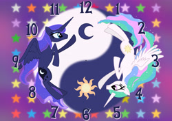 Size: 4961x3508 | Tagged: safe, artist:intelmax89, princess celestia, princess luna, alicorn, pony, g4, clock, cutie mark, flag of equestria, royal sisters, sisters