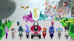 Size: 3265x1837 | Tagged: safe, artist:intelmax89, adagio dazzle, aria blaze, diamond tiara, discord, gilda, king sombra, lord tirek, nightmare moon, princess ember, queen chrysalis, sonata dusk, starlight glimmer, sunset shimmer, thorax, trixie, alicorn, centaur, changeling, draconequus, dragon, earth pony, griffon, minotaur, pegasus, pony, siren, unicorn, g4, airship, arson, atv, bad end, burning, canterlot, clothes, cool guys don't look at explosions, fire, implied storm king, implied tempest shadow, jacket, leather jacket, motorcycle, s5 starlight, sons of anarchy, the dazzlings