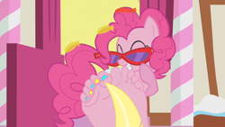 Size: 1280x720 | Tagged: safe, artist:anthonygoody, edit, edited screencap, screencap, pinkie pie, earth pony, pony, dragonshy, g4, feather, feet, fetish, foot fetish, glasses, soles, solo, tickling, toes