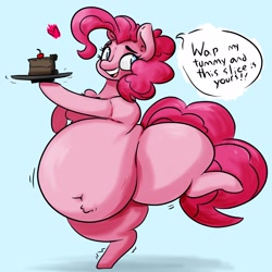 Size: 2576x2580 | Tagged: safe, artist:somefrigginnerd, pinkie pie, earth pony, pony, g4, belly, belly button, belly fluff, big belly, blue background, cake, cherry, chest fluff, dialogue, fat, female, food, heart, high res, huge belly, morbidly obese, obese, plate, pudgy pie, simple background, smiling, solo, speech bubble, standing, standing on one leg, talking to viewer, thighs, thunder thighs