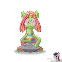 Size: 2000x2000 | Tagged: safe, artist:intelmax89, tree hugger, earth pony, pony, g4, bracelet, clothes, ear piercing, earring, floral head wreath, flower, glasses, high res, hippie, jewelry, musical instrument, necklace, peace symbol, piercing, rainbow, round glasses, sitting, skirt, solo, wavy mouth