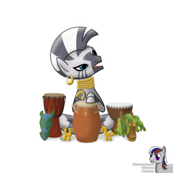 Size: 2000x2000 | Tagged: safe, artist:intelmax89, zecora, pony, zebra, g4, bongos, conga, djembes, drums, ear piercing, earring, high res, jewelry, mask, musical instrument, neck rings, nose piercing, piercing, sitting, solo