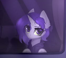 Size: 1469x1303 | Tagged: safe, artist:dipfanken, oc, oc only, oc:moonsonat, pony, unicorn, clothes, eye clipping through hair, female, hoodie, looking at you, looking out the window, mare, solo, window