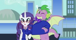 Size: 1280x678 | Tagged: safe, artist:aleximusprime, artist:disneymarvel96, artist:evilfrenzy, rarity, spike, dragon, pony, unicorn, flurry heart's story, g4, bowtie, clothes, ear piercing, earring, female, glasses, jewelry, male, mare, older, older rarity, older spike, one eye closed, piercing, ship:sparity, shipping, straight, suit, winged spike, wings