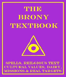 Size: 660x766 | Tagged: safe, artist:loomytyranny, fanfic:the brony textbook, book, brony, cover, eyeball, fanfic, illuminati, op is a duck, religion, text