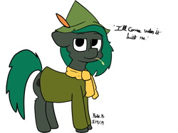Size: 1600x1200 | Tagged: safe, artist:rosebush, derpibooru exclusive, oc, oc only, oc:minus, earth pony, pony, clothes, colored, feathered hat, hat, looking at you, male, scarf, simple background, smiling, snufkin, solo, stallion, straw in mouth, text, the moomins, white background