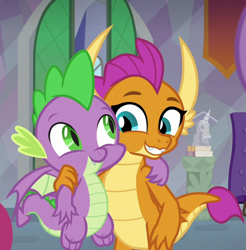 Size: 708x720 | Tagged: safe, edit, edited screencap, screencap, smolder, spike, dragon, g4, sweet and smoky, baby, baby dragon, buddies, claws, cropped, cute, dragoness, duo, fangs, female, flying, folded wings, friends, grin, looking sideways, male, side hug, slit pupils, smiling, smolderbetes, spikabetes, spread wings, teacher's lounge, teenaged dragon, teenager, toes, wings