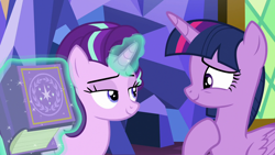 Size: 1280x720 | Tagged: safe, screencap, starlight glimmer, twilight sparkle, alicorn, pony, g4, the beginning of the end, bags under eyes, book, duo, duo female, female, folded wings, frown, lidded eyes, magic, mare, smiling, smug, telekinesis, twilight sparkle (alicorn), wings