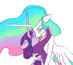 Size: 900x806 | Tagged: safe, artist:vautaryt, princess celestia, twilight sparkle, alicorn, anthro, g4, crossed horns, duo, female, horn, horns are touching, hug, impossibly large horn, kiss on the lips, kissing, lesbian, looking at you, ship:twilestia, shipping, simple background, transparent background