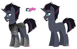 Size: 2947x1887 | Tagged: safe, artist:strawberry-spritz, oc, oc only, pony, unicorn, armor, male, offspring, parent:king sombra, parent:tempest shadow, parents:sombrest, simple background, solo, stallion, transparent background