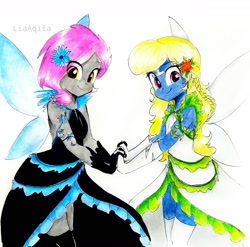 Size: 1983x1961 | Tagged: safe, artist:liaaqila, oc, oc only, oc:azure/sapphire, oc:chiffon swatch, fairy, equestria girls, g4, clothes, costume, crossdressing, dress, eye clipping through hair, fairies, fairies are magic, fairy costume, fairy wings, fairyized, femboy, flower, flower in hair, holding hands, male, open-back dress, smiling, traditional art, transgender, wings
