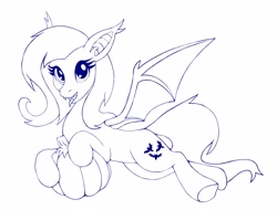 Size: 4096x3121 | Tagged: safe, artist:btbunny, fluttershy, bat pony, pony, g4, bat ponified, fangs, flutterbat, lineart, looking at you, monochrome, open mouth, pumpkin, race swap, simple background, tongue out
