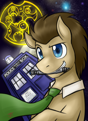 Size: 910x1260 | Tagged: safe, artist:jitterbugjive, doctor whooves, time turner, earth pony, pony, g4, crossover, doctor who, gallifreyan, male, moon, mouth hold, necktie, solo, sonic screwdriver, space, stallion, the doctor