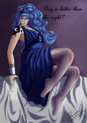 Size: 1240x1754 | Tagged: safe, artist:reminic, princess luna, human, g4, alternate hairstyle, armpits, bed, bedroom eyes, blanket, blushing, clothes, crown, cutie mark tattoo, dress, eyeshadow, female, humanized, jewelry, lipstick, looking at you, makeup, regalia, solo, stocking feet, stockings, tattoo, thigh highs