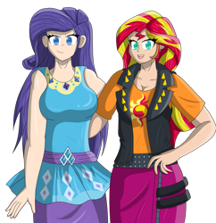 Size: 1425x1475 | Tagged: safe, artist:thedracks, rarity, sunset shimmer, equestria girls, g4, breasts, busty rarity, clothes, duo, duo female, female, human coloration, rarity peplum dress, simple background, sleeveless, transparent background, vest