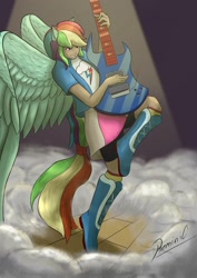Size: 1240x1754 | Tagged: safe, artist:reminic, rainbow dash, human, equestria girls, g4, my little pony equestria girls: rainbow rocks, awesome as i want to be, boots, clothes, compression shorts, eared humanization, female, guitar, humanized, jacket, musical instrument, rainbow socks, shirt, shoes, skirt, socks, solo, striped socks, t-shirt, tailed humanization, winged humanization, wings