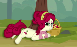 Size: 2406x1480 | Tagged: safe, artist:third uncle, edit, edited screencap, screencap, cherry jubilee, earth pony, pony, g4, lesson zero, the last roundup, basket, cherry, cherry blossoms, cherry tree, draw me like one of your french girls, female, flower, flower blossom, food, grin, mare, smiling, smiling at you, tree