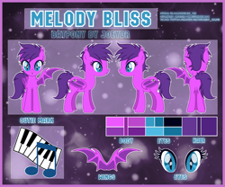 Size: 700x583 | Tagged: safe, artist:angelina-pax, oc, oc only, oc:melody bliss, bat pony, pony, bat pony oc, bat wings, color palette, commission, cutie mark, female, mare, reference sheet, solo, trans female, transgender, wings