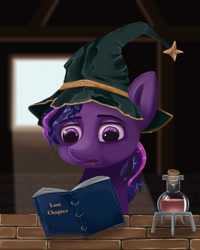 Size: 1920x2400 | Tagged: safe, artist:meodaiduoi, twilight sparkle, pony, g4, book, cottage, hat, potion, solo, table, wizard hat