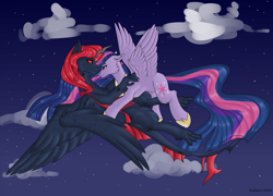 Size: 4079x2933 | Tagged: safe, artist:failure, twilight sparkle, oc, oc:king phoenix embers, alicorn, pony, g4, commission, female, flying, male, mare, night, red changeling, stallion, twilight sparkle (alicorn), ych result