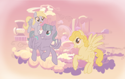 Size: 1486x940 | Tagged: safe, artist:acornheart465, derpy hooves, oc, oc:borealis hooves, oc:daisy doo, pegasus, pony, g4, cloud, cloudsdale, father, female, male, mother, parent, younger