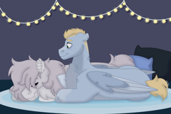 Size: 1280x854 | Tagged: safe, artist:itstechtock, oc, oc only, oc:sleepyhead, oc:sunny skies, bat pony, hybrid, pegasus, pony, adopted offspring, lying down, male, offspring, parent:apple bumpkin, parent:pinkie pie, parent:princess skystar, parent:soarin', parents:skypie, prone, sleeping, stallion