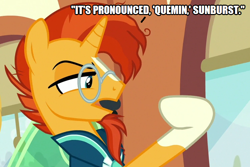 Size: 748x500 | Tagged: safe, edit, edited screencap, screencap, sunburst, pony, unicorn, g4, the parent map, caption, cumin, food, image macro, implied stellar flare, male, pronunciation, seasoning, spices, stallion, text