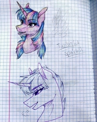 Size: 1080x1350 | Tagged: safe, artist:moona_lou, twilight sparkle, pony, unicorn, g4, bust, duo, female, graph paper, lineart, mare, partial color, traditional art, unicorn twilight