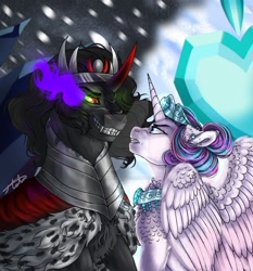 Size: 800x859 | Tagged: safe, artist:malinraf1615, king sombra, princess flurry heart, alicorn, pony, unicorn, fanfic:to end a cycle, g4, alternate hairstyle, armor, chest fluff, cloak, clothes, commission, crown, crystal heart, deviantart watermark, duo, ear fluff, ear piercing, earring, fanfic art, female, grin, gritted teeth, jewelry, looking at each other, male, mare, obtrusive watermark, older, older flurry heart, piercing, regalia, smiling, snow, stallion, watermark