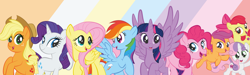 Size: 1920x578 | Tagged: safe, artist:alexdti, apple bloom, applejack, fluttershy, pinkie pie, rainbow dash, rarity, scootaloo, sweetie belle, twilight sparkle, alicorn, earth pony, pegasus, pony, unicorn, g4, banner, cutie mark crusaders, mane six, twilight sparkle (alicorn)