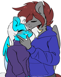 Size: 1200x1532 | Tagged: safe, artist:cottonsweets, oc, oc only, oc:artfulcord, oc:arucordu, oc:lollia, pegasus, anthro, blushing, clothes, couple, cute, freckles, kissing, shipping, sikan pegasus, tattoo