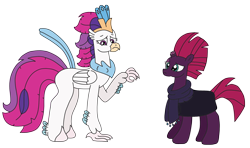 Size: 3264x1932 | Tagged: safe, artist:supahdonarudo, queen novo, tempest shadow, classical hippogriff, hippogriff, pony, unicorn, series:novoember, g4, my little pony: the movie, broken horn, clothes, horn, raised hoof, sad, scar, scarf, simple background, transparent background, worried