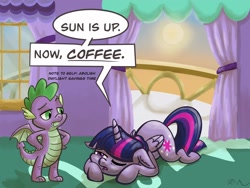 Size: 2048x1536 | Tagged: safe, artist:catscratchpaper, spike, twilight sparkle, alicorn, dragon, pony, g4, dialogue, duo, ear fluff, face down ass up, floppy ears, lying down, one eye closed, prone, speech bubble, sunrise, tired, twilight sparkle (alicorn), winged spike, wings