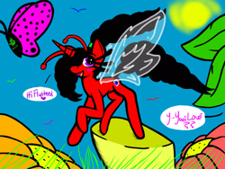 Size: 2048x1536 | Tagged: safe, artist:artmama113, oc, oc only, oc:yaoilover, breezie, butterfly, dialogue, female, flower, outdoors, raised hoof, signature