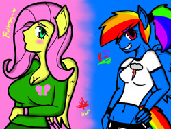 Size: 2048x1536 | Tagged: safe, artist:artmama113, fluttershy, rainbow dash, pegasus, anthro, g4, blushing, clothes, duo, grin, signature, smiling