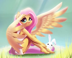 Size: 1024x824 | Tagged: safe, artist:bluemey_, angel bunny, fluttershy, pegasus, anthro, plantigrade anthro, g4, barefoot, clothes, crepuscular rays, cute, dress, duo, feet, female, looking at you, partial nudity, schrödinger's pantsu, shyabetes, sitting, wings