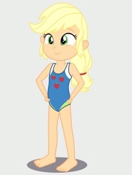 Size: 1536x2048 | Tagged: safe, artist:draymanor57, applejack, equestria girls, g4, age regression, applejack's beach shorts swimsuit, beach shorts swimsuit, clothes, one-piece swimsuit, swimsuit, young, younger