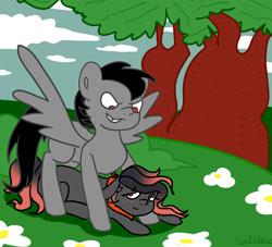 Size: 1192x1080 | Tagged: safe, artist:lowname, oc, oc only, earth pony, pegasus, pony, cloud, commission, duo, earth pony oc, flower, outdoors, pegasus oc, smiling, smirk, tree, wings, ych result