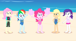 Size: 2816x1512 | Tagged: safe, artist:draymanor57, applejack, fluttershy, pinkie pie, rainbow dash, rarity, equestria girls, g4, age regression, barefoot, beach, child, clothes, cotton candy, feet, fluttershy's wetsuit, humane five, one-piece swimsuit, shirt, swimsuit, wetsuit, young, younger
