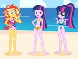 Size: 2816x2112 | Tagged: safe, artist:draymanor57, adagio dazzle, aria blaze, sci-twi, sonata dusk, sunset shimmer, twilight sparkle, human, equestria girls, g4, clothes, clothing transformation, duality, high res, inanimate tf, sleeveless, swimsuit, the dazzlings, transformation, twilight sparkle (alicorn), twolight