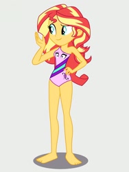 Size: 1536x2048 | Tagged: safe, artist:draymanor57, aria blaze, sunset shimmer, human, equestria girls, g4, clothes, clothing transformation, female, inanimate tf, sleeveless, swimsuit, transformation