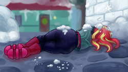 Size: 5000x2838 | Tagged: safe, alternate version, artist:smudge proof, sunset shimmer, equestria girls, equestria girls series, g4, holidays unwrapped, saving pinkie's pie, spoiler:eqg series (season 2), adult diaper, ass, bunset shimmer, butt, diaper, diaper butt, diaper fetish, diaper under clothes, female, fetish, non-baby in diaper, on ground, patreon, snow, snowball, snowball fight, snowfort, unconscious, winter