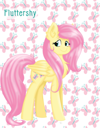 Size: 2792x3535 | Tagged: safe, artist:dreamy990, fluttershy, pegasus, pony, g4, chest fluff, cutie mark background, ear fluff, female, folded wings, high res, looking at you, looking sideways, mare, name, smiling, solo, standing, three quarter view, wings