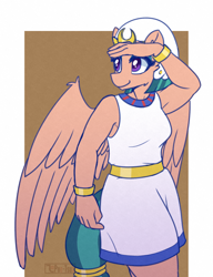 Size: 1374x1787 | Tagged: safe, artist:puetsua, somnambula, pegasus, anthro, g4, abstract background, clothes, dress, egyptian, egyptian pony, female, headdress, mare, solo, wings