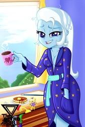 Size: 2000x2952 | Tagged: safe, artist:theretroart88, trixie, equestria girls, g4, absolute cleavage, bathrobe, breasts, busty trixie, cleavage, clothes, coffee, coffee mug, curtains, food, high res, lidded eyes, looking at you, magic wand, messy hair, mug, open mouth, pancakes, robe, rubber chicken, solo, tired, window