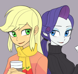 Size: 1620x1533 | Tagged: safe, artist:haibaratomoe, applejack, rarity, equestria girls, g4, clothes, coffee, cup, digital art, duo, female, freckles, lesbian, looking at each other, open mouth, scarf, ship:rarijack, shipping, simple background, smiling, sweater